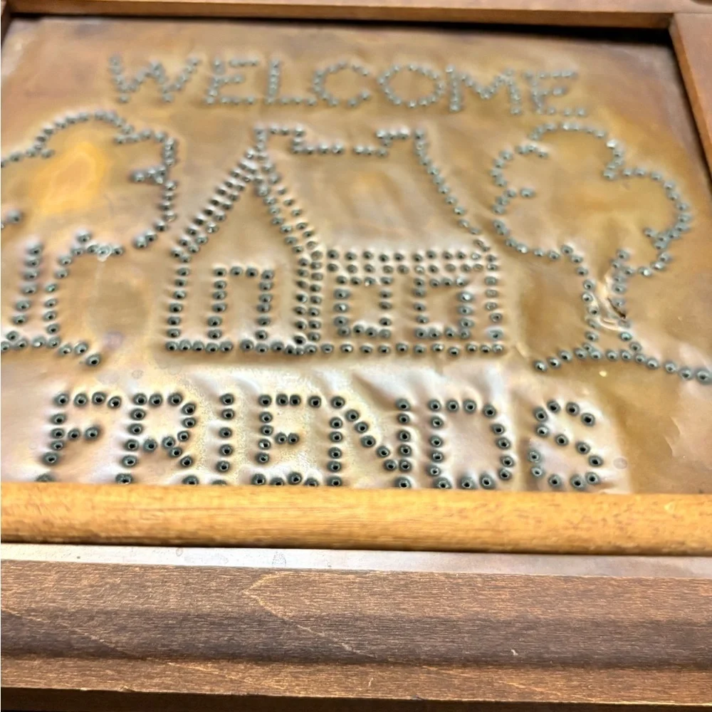 Handmade Welcome Friends Wood and Tin Kitchen Towel Holder - Brown